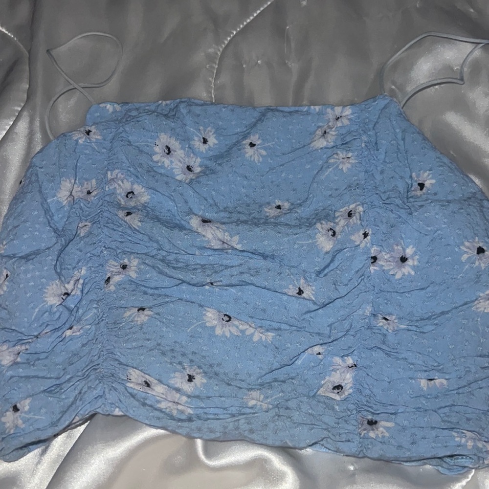 Summer vibe, blue spaghetti strap, crop top with flowers